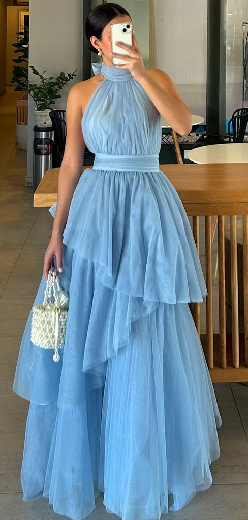 Elegant Blue High Neck Sleeveless A-Line Long Prom Dress Ideas, Evening Party Dresses , WGP1897