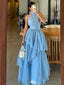 Elegant Blue High Neck Sleeveless A-Line Long Prom Dress Ideas, Evening Party Dresses , WGP1897