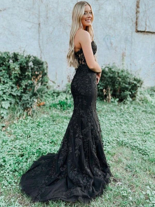 Elegant Black Sweetheart Mermaid Side Slit Lace Party Prom Dresses,Evening Dress Online, WGP825