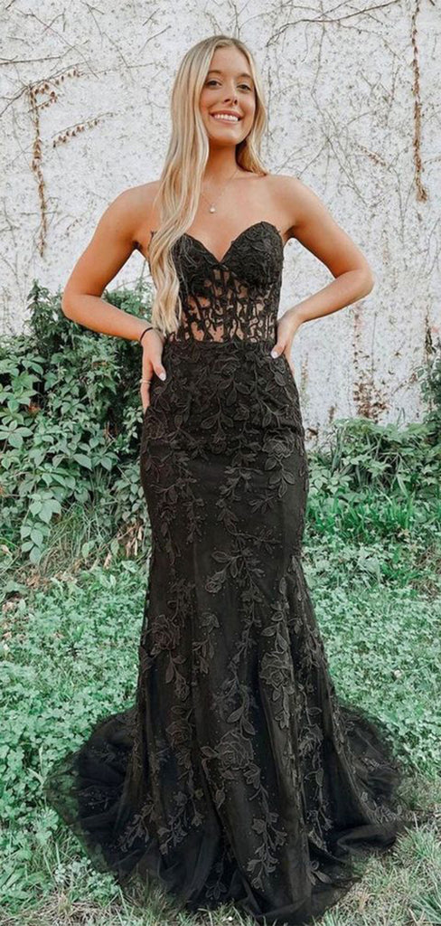 Elegant Black Sweetheart Mermaid Side Slit Lace Party Prom Dresses,Evening Dress Online, WGP825