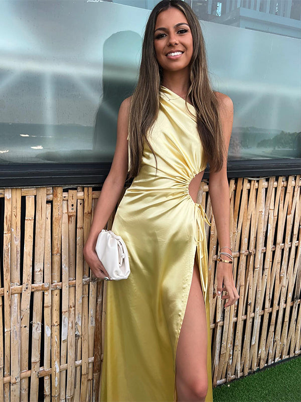Elegant Yellow One Shoulder Mermaid Side Slit Party Prom Dresses,Evening Dress Online, WGP833