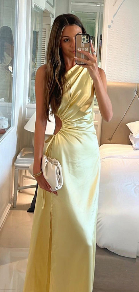 Elegant Yellow One Shoulder Mermaid Side Slit Party Prom Dresses,Evening Dress Online, WGP833