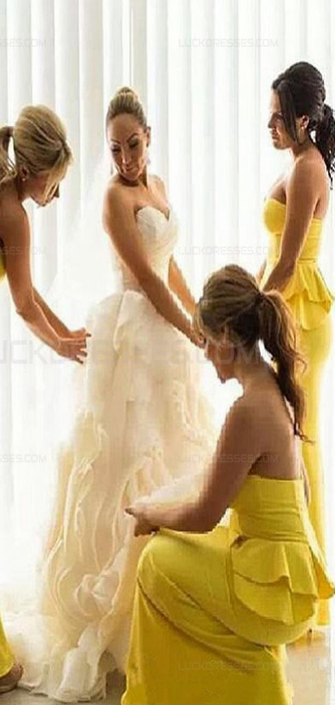 Elegant Yellow Strapless  Mermaid Sleeveless Wedding Guest Bridesmaid Dresses,WGM400