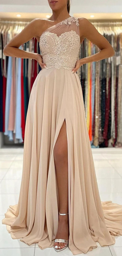 Elegant Champagne One-Shoulder A-Line Long Prom Dress Ideas, Evening Party Dresses,WGP1773
