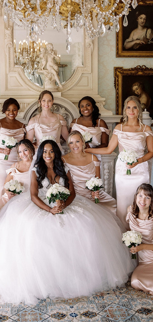 Elegant Pink Off Shoulder Spaghetti Strap Mermaid Sleeveless Wedding Guest Bridesmaid Dresses,WGM403