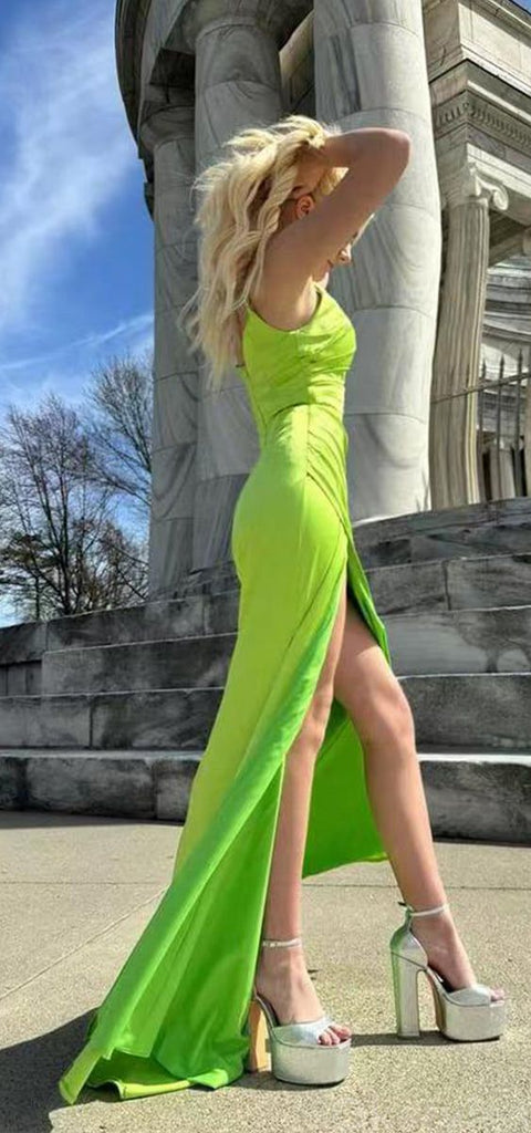 Elegant Light Green Mermaid Spaghetti Straps Side Slit Cheap Maxi Long Party Prom Gowns,Evening Dresses,WGP420