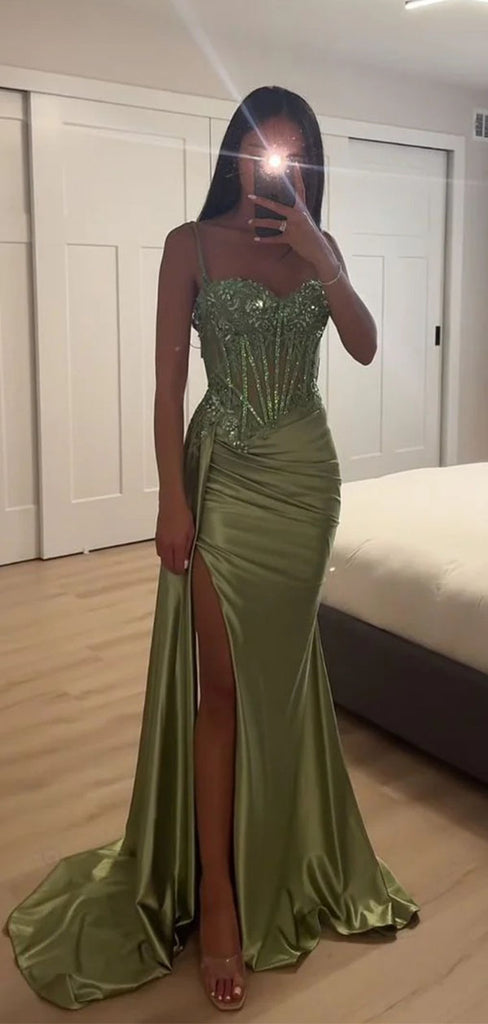Sexy Green Spaghetti Strap Sleeveless Mermaid Side Slit Long Prom Dress Ideas, Evening Party Dresses,WGP1859