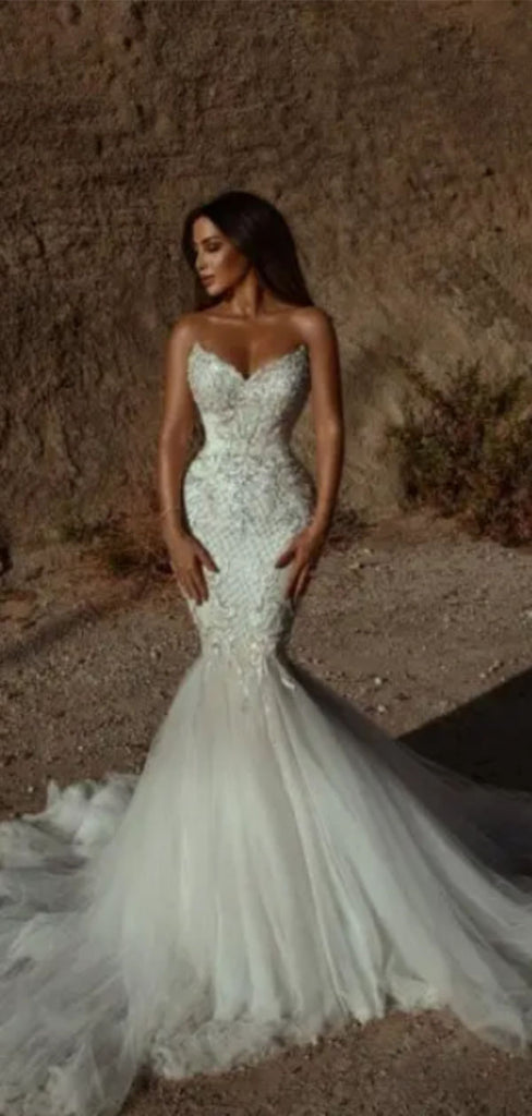 Sexy White Sweetheart Lace Mermaid Long Weddingc Dresses With Sweep Trailing ,WDH168