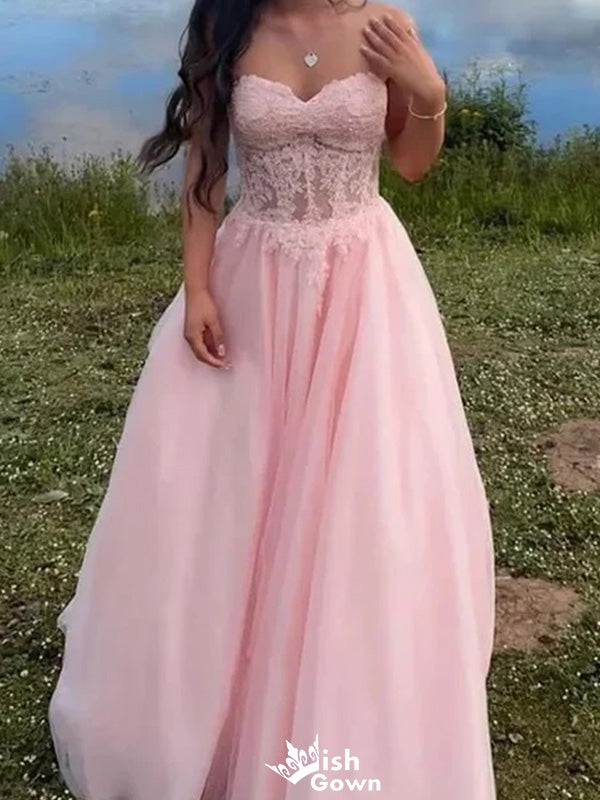 Gorgeous Sweetheart Strapless Lace A-line Long Prom Dress Ideas, Evening Party Dresses,WGP1279