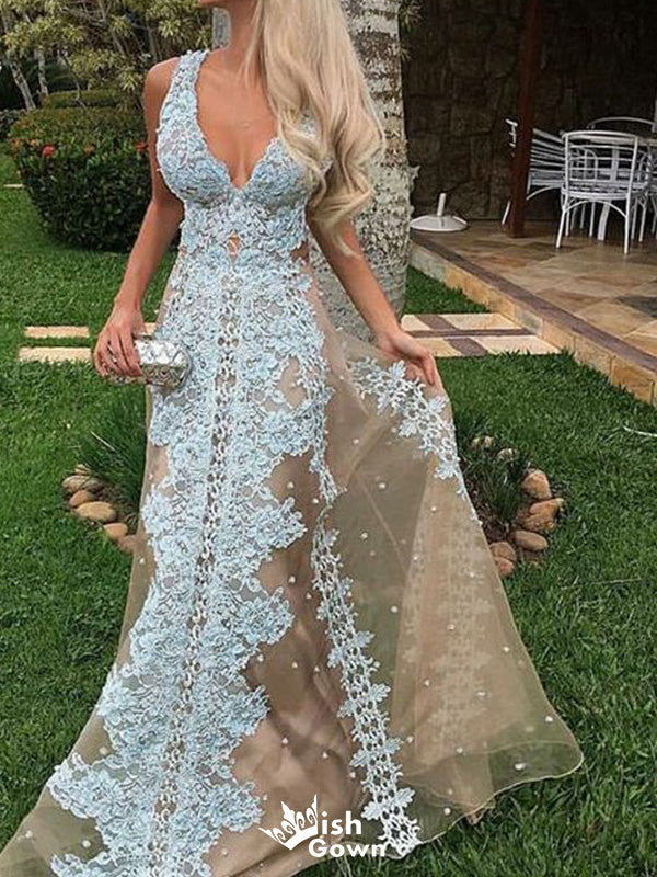 Sexy V-neck Lace Mermaid Long Prom Dress Ideas, Evening Party Dresses,WGP1365