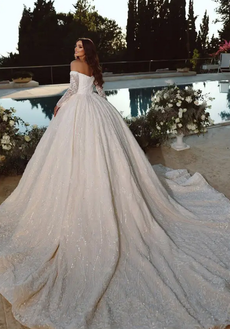 Elegant White Off-Shoulder Lace A-Line Long Weddingc Dresses With Sweep Trailing ,WDH167