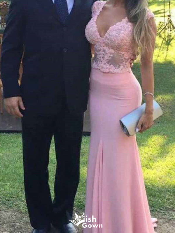 Elegant V-neck Lace Mermaid Long Prom Dress Ideas, Evening Party Dresses,WGP1492