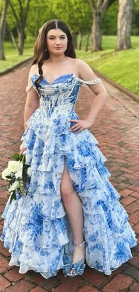 Elegant Blue Off-Shoulder A-Line Long Prom Dress Ideas, Evening Party Dresses , WGP1595