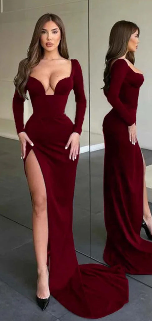 Sexy Red Long Sleeve Mermaid Side Slit Long Prom Dress Ideas, Evening Party Dresses, WGP1574