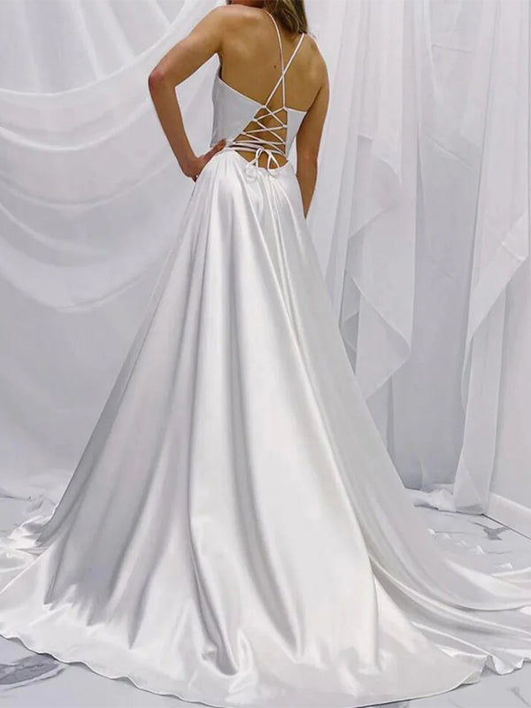Simple White Spaghetti Strap A-Line V-Neck Long Sleeveless Long Party Prom Dresses,Evening Dress Online, WGP725