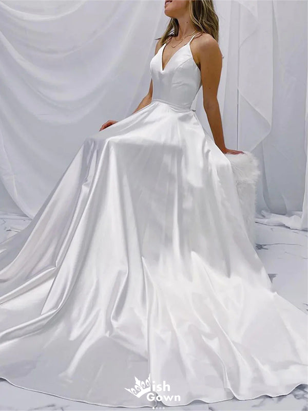 Simple White Spaghetti Strap A-Line V-Neck Long Sleeveless Long Party Prom Dresses,Evening Dress Online, WGP725