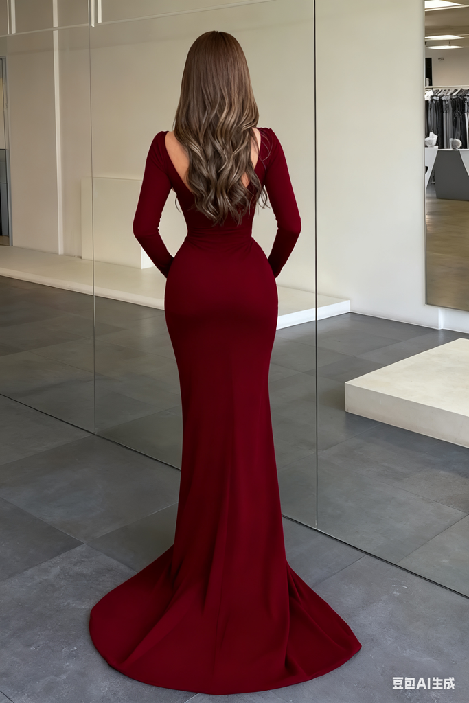 Sexy Red Long Sleeve Mermaid Side Slit Long Prom Dress Ideas, Evening Party Dresses, WGP1574