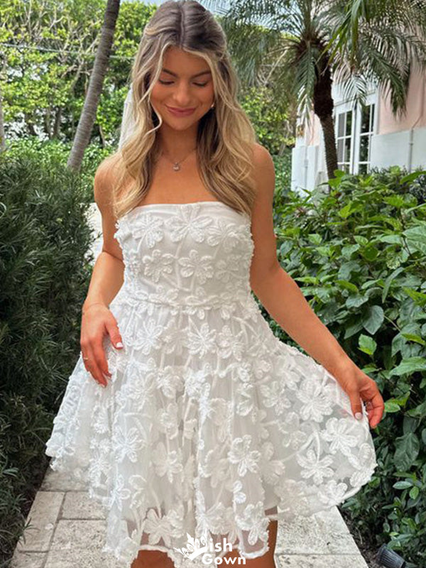 Elegant Strapless Square Lace A-line Mini Homecoming Dress,EPT322