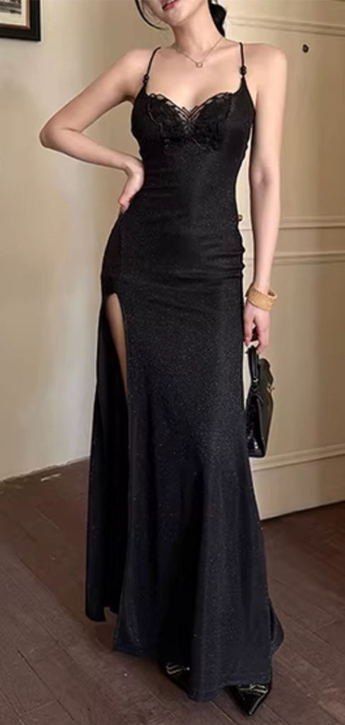 Sexy Black Spaghetti Strap Mermaid Side Slit Lace Long Prom Dress Ideas, Evening Party Dresses  , WGP1577