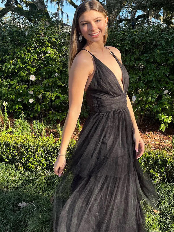 Elegant Black Spaghetti Strap V-Neck Long Sleeveless Long Party Prom Dresses,Evening Dress Online, WGP790