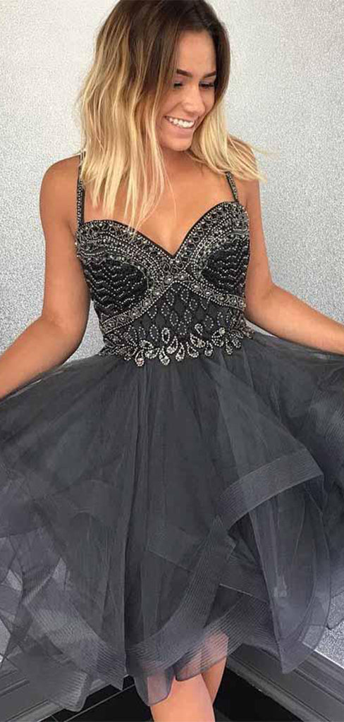 Sexy Black Spaghetti Strap Ball Gown Popular Cheap Short Homecoming Dresses, EPT301