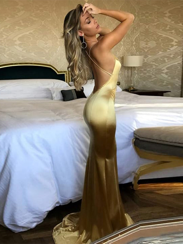 Sexy Golden Spaghetti Strap Mermaid Long Sleeveless Long Party Prom Dresses,Evening Dress Online, WGP799