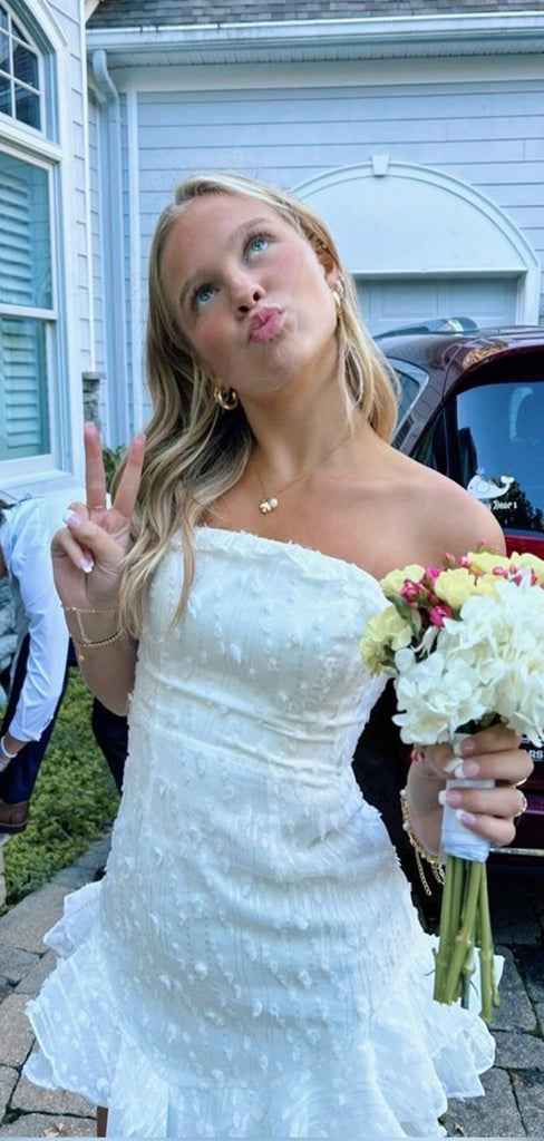 Elegant White Strapless Tight Lace Popular Cheap Short Homecoming Dresses, EPT304