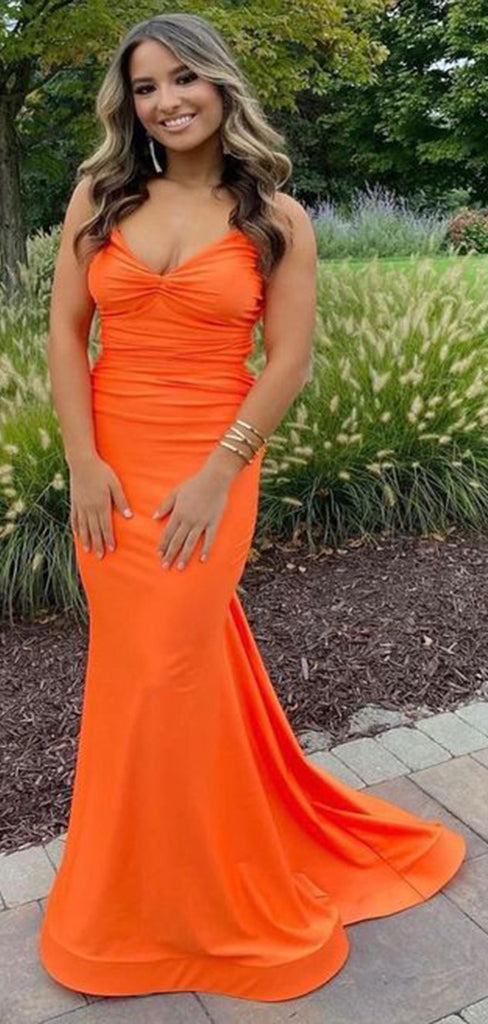 Sexy Orange Mermaid Spaghetti Straps V Neck Sleeveless Cheap Maxi Long Party Prom Gowns,Evening Dresses,WGP468