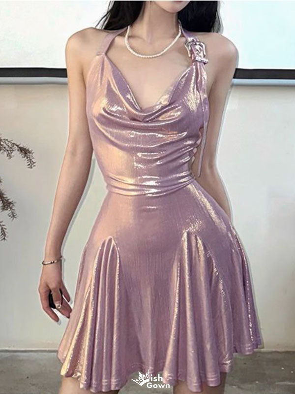 Sexy Pink Halter Strap Sleeveless A-Line Short Homecoming Dresses For Party, EPT664