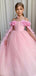 Cute Pink Off-Shoulder Floral Long A-Line Flower Girl Dress , FG026