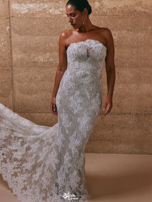 Sexy White Sweetheart Lace Mermaid Long Weddingc Dresses With Sweep Trailing ,WDH169