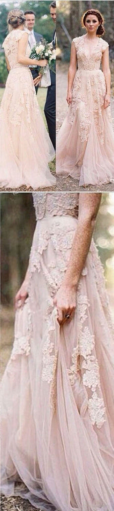 Charming Pink Lace Sexy V-neck Long Sheath Tulle Wedding Party Dresses, WD0139 - Wish Gown