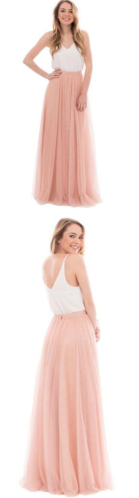 Popular Cheap Junior Off Shoulder Scoop Neck White Blush Pink Tulle Long Bridesmaid Dresses, WG40