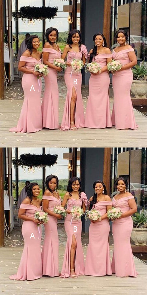 Mismatched Pink Mermaid Side Slit Off Shoulder Long Bridesmaid Dresses, WGM155