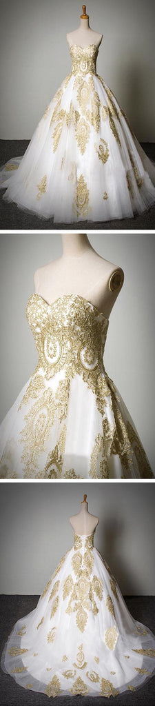 Cheap Popular Classic Sweetheart Gold Lace White Tulle Wedding Party Dresses, WD0071 - Wish Gown