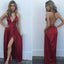 Burgundy Deep V Neck Sexy Split Backless Long Beach Prom Dress, WG735