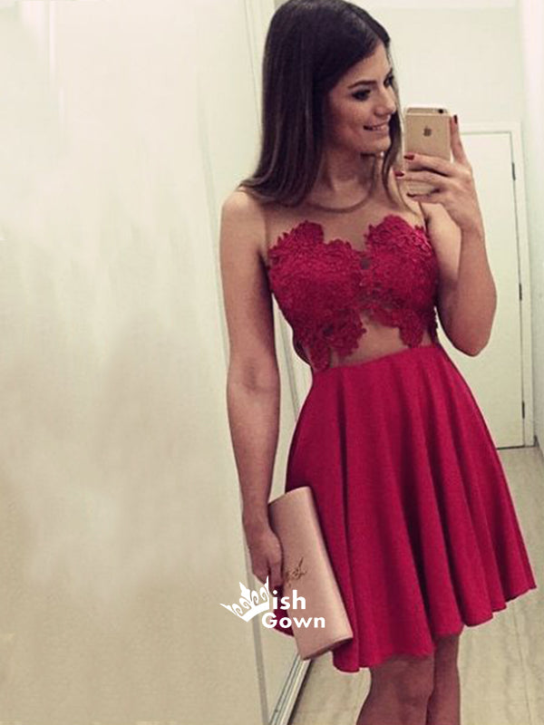 Red Lace Simple Freshman For Teens Casual Homecoming Prom Dress,BD00103