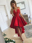 Red Spaghetti Strap Lace Top Satin Short Front Long Back Homecoming Cocktail Prom Dress, BD0083