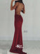 Backless Spaghetti Straps Sexy Burgundy V-neck Mermaid Evening Inexpensive Long Prom Dresses, PD0161