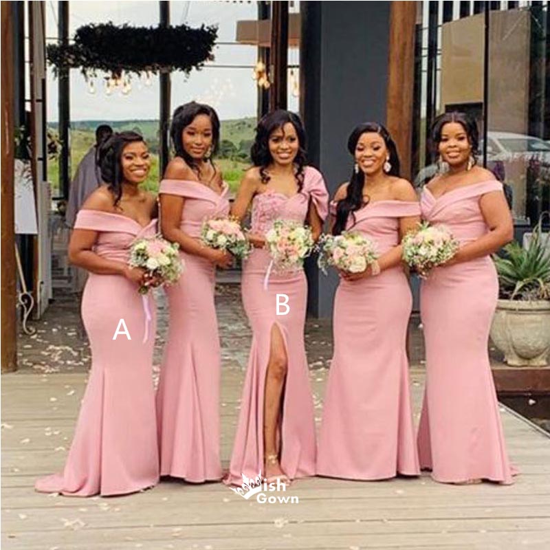 Mismatched Pink Mermaid Side Slit Off Shoulder Long Bridesmaid Dresses, WGM155