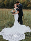 Charming White V-neck Mermaid Lace Long Wedding Dress, WDH071