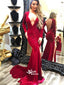 Dark Red Deep V-neck Pleats Long Sleeves Mermaid Side Split Evening Long Prom Dresses With Trailing, WG1113