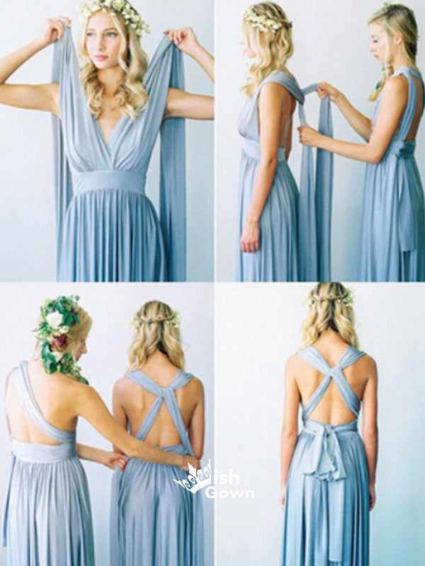 Ice Blue Convertible Jersey Lace Up Handmade Floor-Length Cheap Bridesmaid Dresses, WG80