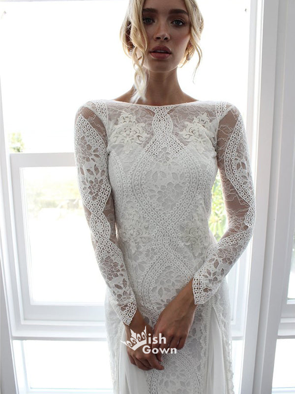 Vintage Lace Long Sleeve Backless Sexy Charming Beach Wedding Dresses, WGB006