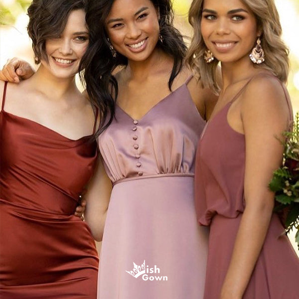 Dusty Rose Mismatched V-Neck Long Cheap Wedding Bridesmaid Dresses, WGM002