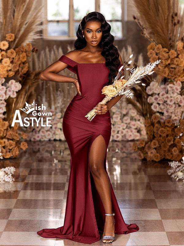 Blush Burgundy Mermaid Sexy High Slit Burnt Brown Satin Long Bridesmai Wish Gown Blush Burgundy Mermaid Sexy High Slit Burnt Brown Satin Long Bridesmai Wish Gown