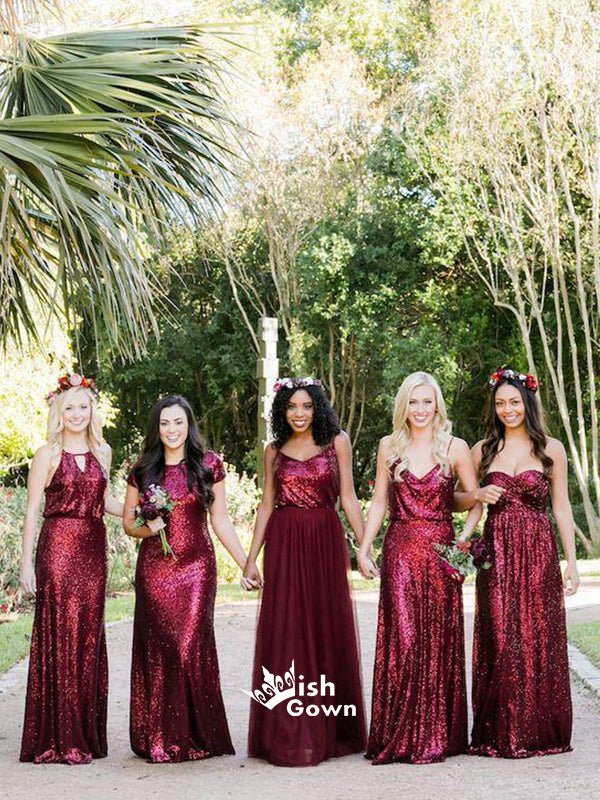 Multiple Types Sparkly Burgundy Sequin Long Bridesmaid Dresses Prom Dresses, WGM057