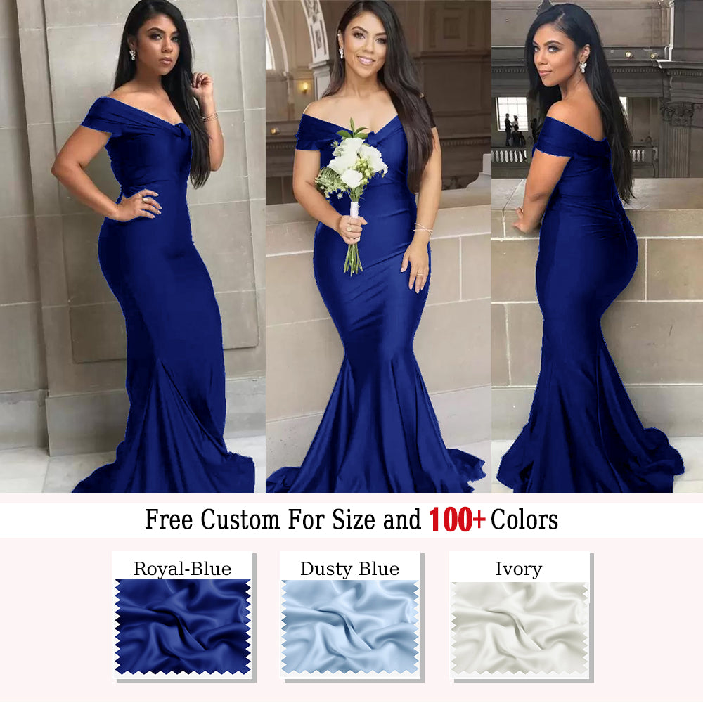 Royal Blue Mermaid Off Shoulder Floor length Wedding Guest Bridesmaid Dresses, WGM112