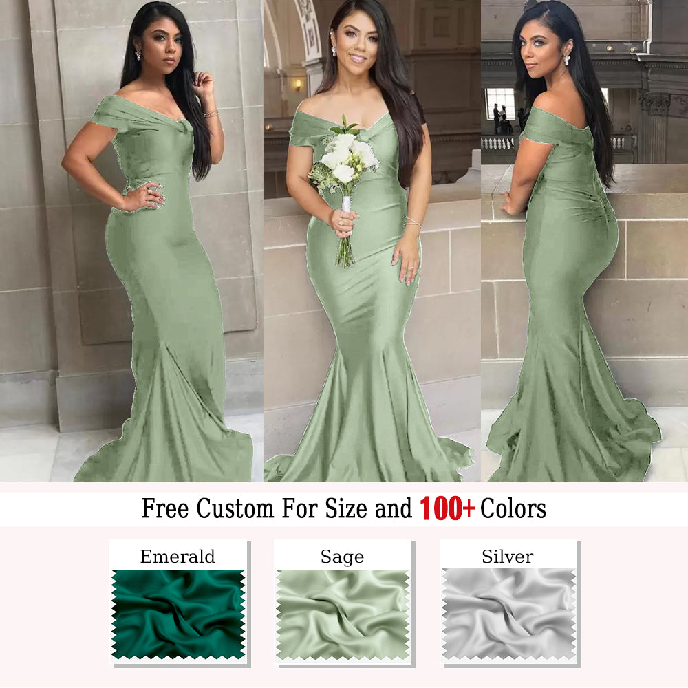 Sage Mermaid Off Shoulder Floor length Wedding Guest Bridesmaid Dresses, WGM112