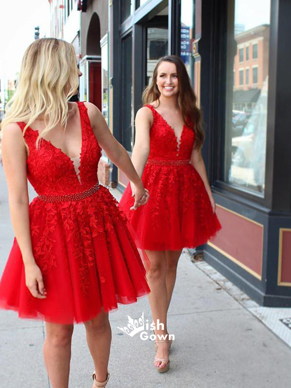 Red Sexy A-line V-back Lace Tulle Short Homecoming Prom Dresses, WGP025